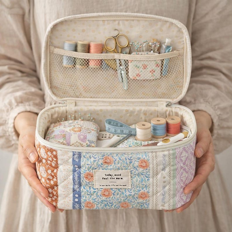 May include: A quilted sewing kit with a floral and patterned design, open to reveal spools of thread, scissors, pins, and a measuring tape. The kit has a mesh pocket and a label that reads "today, mood feel the warm."
