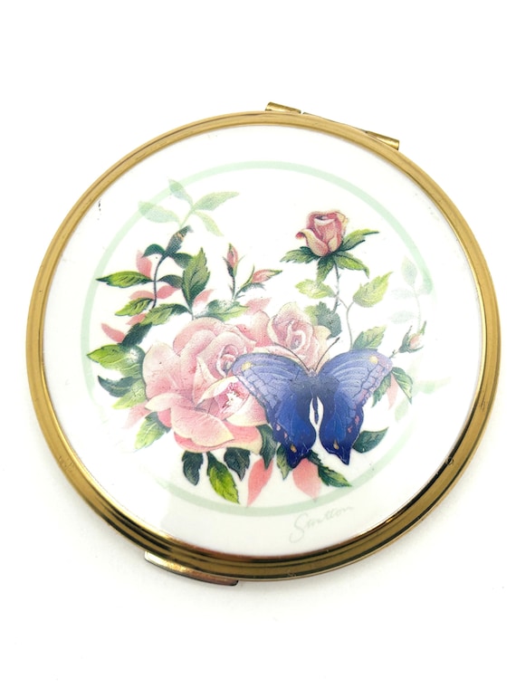 Vintage Stratton Floral Butterfly Powder Compact Gold Tone Mirror England