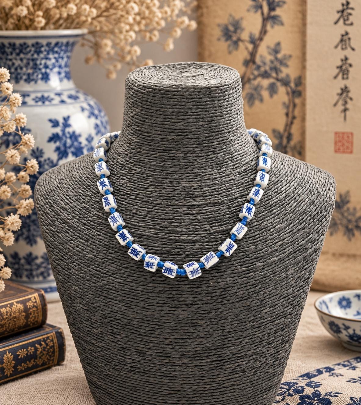 Vintage Chinese Blue Porcelain Bead Necklace - Etsy