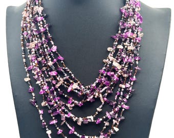 Vintage Amethyst Quartz 11 Strand Beaded Necklace Purple Multi Strand Statement