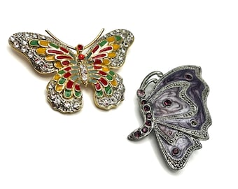 Vintage Butterfly Brooch Duo Enamel Rhinestone Silver Tone Gold Tone Insect Pins