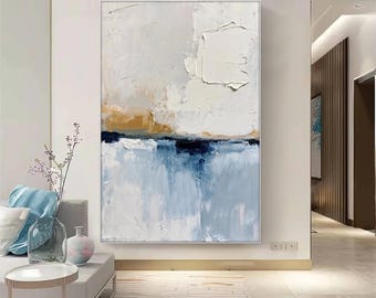 Pintura abstracta en dorado y azul marino: arte moderno de pared con textura en lienzo