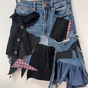Upcycled Denim Skirt | Deconstructed Patchwork Mini Skirt | Y2K Grunge Avant Garde