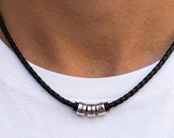Personalized Mens Necklace with Kids Names Custom Dad Necklace Leather Family Name Necklace Gift for Father Husband