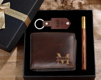 Benutzerdefinierte Leder Herren Brieftaschen-Set | Gravierter Name Foto Schlüsselbund Stift, Ehemann Geschenk Brieftasche