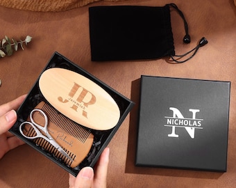 Custom Beard Care Set with Engraved Brush Comb and Scissors, Grooming Gift for Him