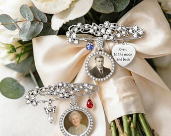 Memorial Wedding Bouquet Charm with Photo,Engraved Heart Loss Remembrance Pin for Bride