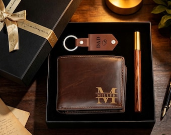 Portefeuille homme en cuir personnalisé | Porte-clés stylo avec photo gravée, cadeau pour mari