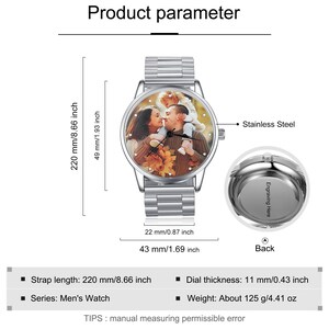 May include: A stainless steel watch with a family photo on the face. The watch has a silver strap and a dial that is 43 mm/1.69 inches wide. The strap is 220 mm/8.66 inches long. The watch is a Men's Watch.