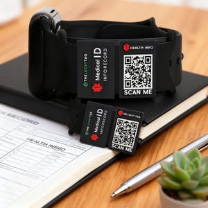 Puede incluir: Pulseras médicas negras con códigos QR y el texto "SCAN ME". Las pulseras también muestran "Medical ID Info Record" y el nombre de la marca "The Lucky Tag". Las pulseras están sobre un cuaderno negro y un formulario médico.