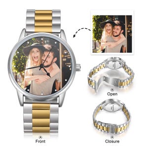 May include: A two-tone silver and gold wristwatch with a custom photo on the face. The watch has a silver case and a two-tone silver and gold strap. The watch face displays a color photo of a couple. Additional images show the watch strap open and closed.