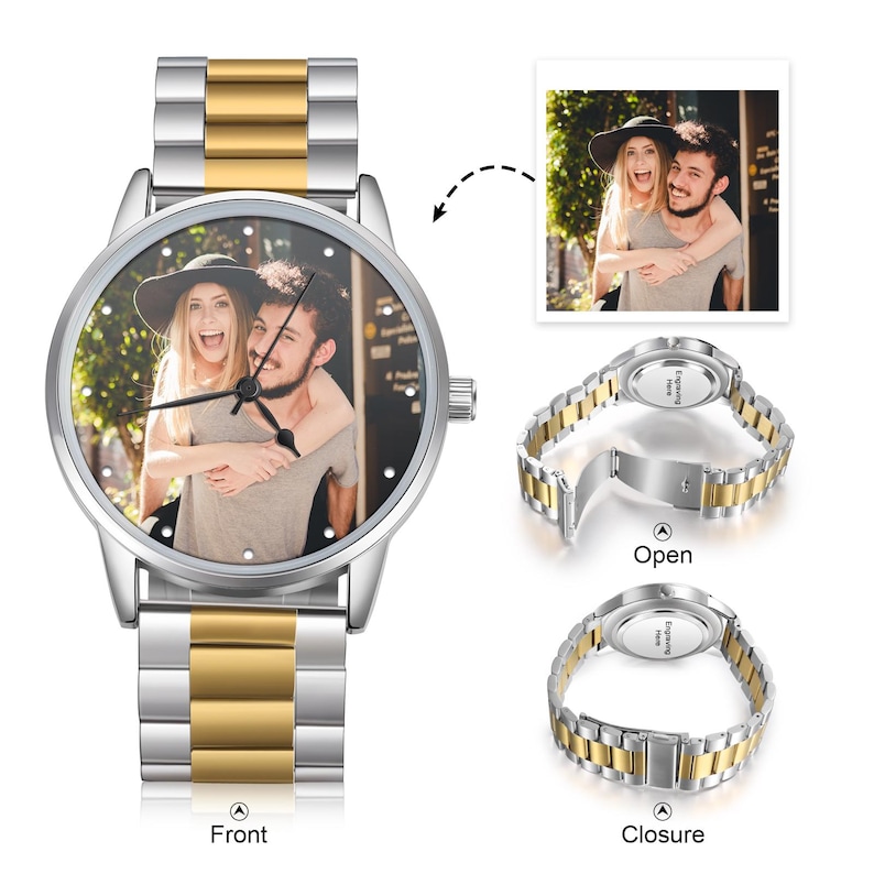 May include: A two-tone silver and gold wristwatch with a custom photo on the face. The watch has a silver case and a two-tone silver and gold strap. The watch face displays a color photo of a couple. Additional images show the watch strap open and closed.