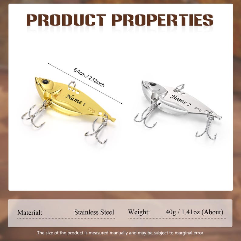 May include: Two stainless steel fishing lures. One is gold, the other silver. Each lure has three treble hooks and the text "Name 1" and "Name 2". The gold lure is 6.4cm long and weighs 40g/1.41oz.