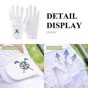 May include: White golf gloves with a logo and the words "DETAIL DISPLAY". The gloves have a clear pattern and are breathable. The logo is a golf club and ball design.