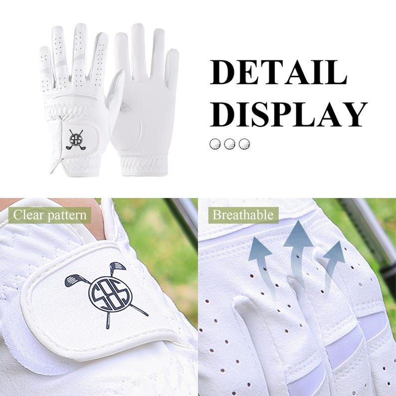 May include: White golf gloves with a logo and the words "DETAIL DISPLAY". The gloves have a clear pattern and are breathable. The logo is a golf club and ball design.