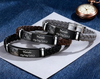 Personalized Photo Engraved Leather Bracelet for Men, Custom Name Date, Anniversary Gift for Him