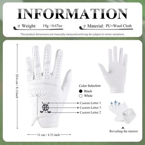 May include: White golf glove with a textured palm and finger perforations. The glove features a golf club logo and is 8.1 inches long and 4.33 inches wide. The weight is 0.67 oz. Color options are black or white.