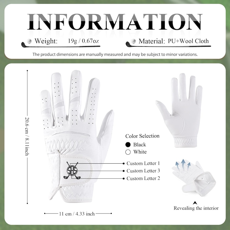 May include: White golf glove with a textured palm and finger perforations. The glove features a golf club logo and is 8.1 inches long and 4.33 inches wide. The weight is 0.67 oz. Color options are black or white.