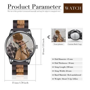 May include: A black watch with a wooden strap and a round face displaying a couple's photo. The watch has a 43 mm dial diameter, 10 mm dial thickness, and a 230 mm strap length. The band is made of red sandalwood.
