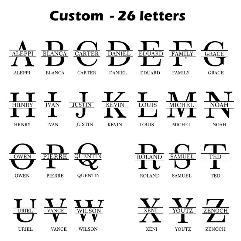 May include: Black and white alphabet letters with names below each letter. The text "Custom - 26 letters" is at the top. Each letter has a horizontal line through it. The letters are in a sans-serif font.