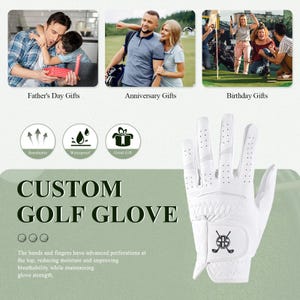 May include: White custom golf glove with perforations for breathability. Features a logo with crossed golf clubs. The image also includes text for Father's Day, Anniversary, and Birthday gifts.