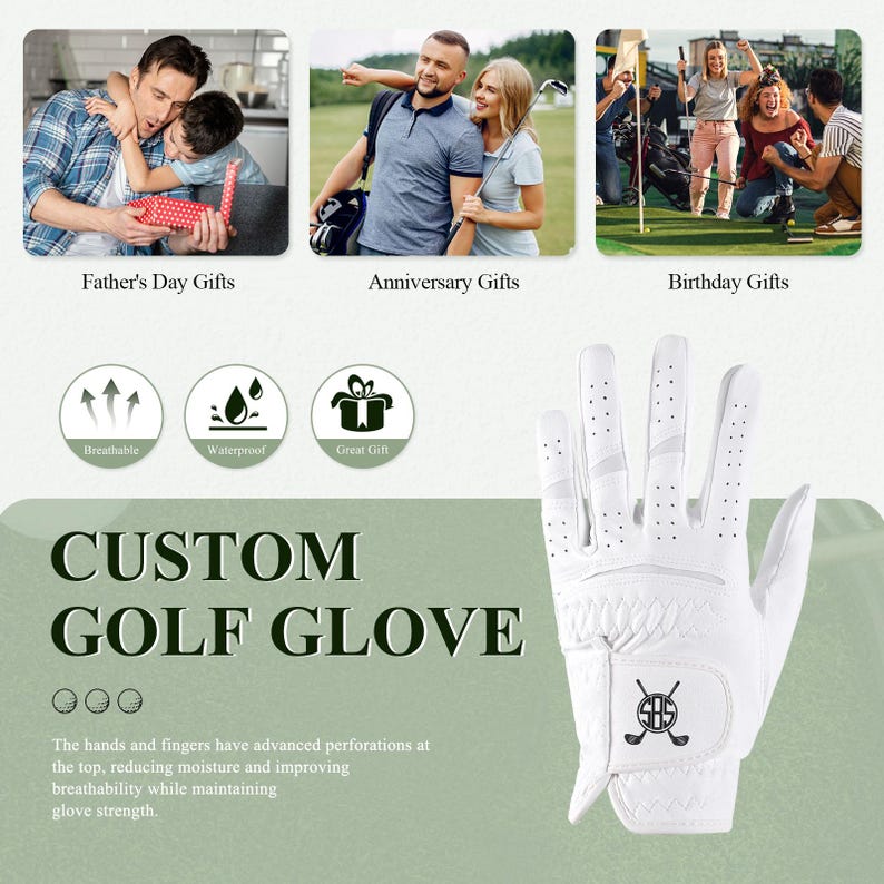 May include: White custom golf glove with perforations for breathability. Features a logo with crossed golf clubs. The image also includes text for Father's Day, Anniversary, and Birthday gifts.