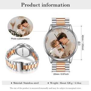 May include: A stainless steel watch with a photo on the face and a two-tone silver and rose gold band. The watch face is 42mm in diameter, and the band is 22mm wide. The watch weighs approximately 126 grams.