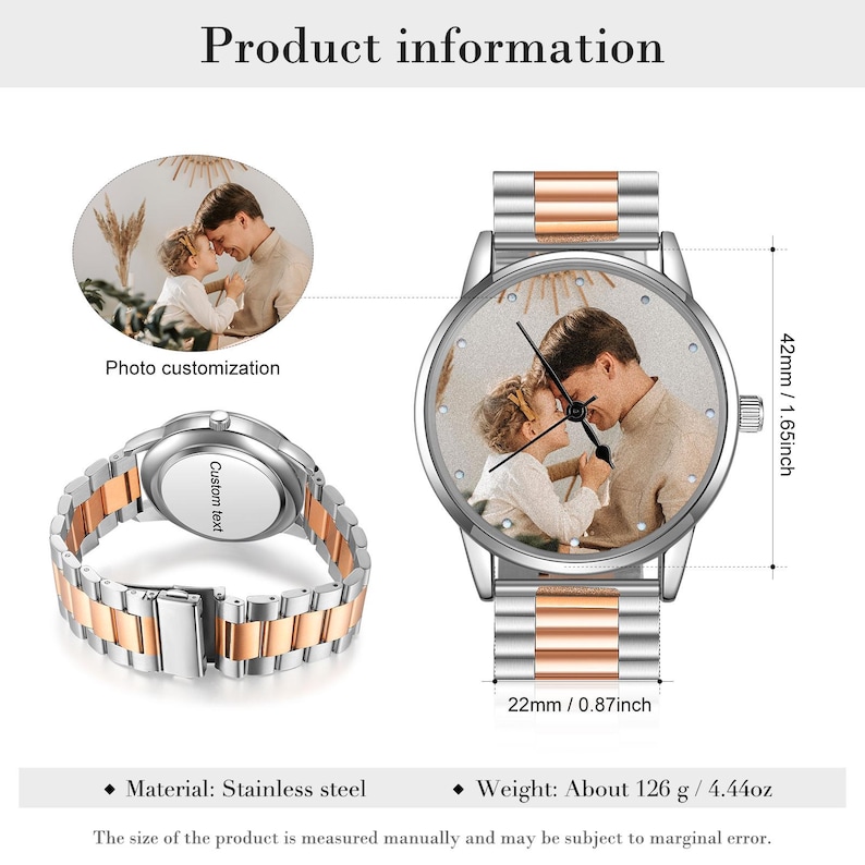 May include: A stainless steel watch with a photo on the face and a two-tone silver and rose gold band. The watch face is 42mm in diameter, and the band is 22mm wide. The watch weighs approximately 126 grams.