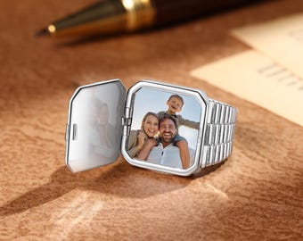 Custom Photo Ring with Engraved Text, Personalized Locket Ring Gift for Dad or Husband