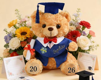 Urso de pelúcia personalizado com nome para formatura, turma de 2026, lembrança de formatura personalizada.
