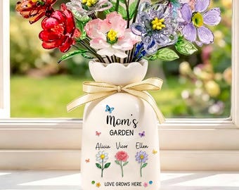 Jarrón de jardín personalizado para mamá, flores personalizadas con nombres de niños y meses de nacimiento, regalo del Día de la Madre para mamá y abuela.