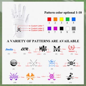 May include: White golf glove with a personalized design area. The image shows color options and various pattern examples, including names and initials. Text on the image reads "Pattern color optional 1-10" and "A VARIETY OF PATTERNS ARE AVAILABLE."
