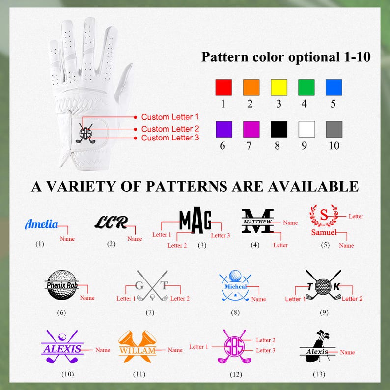 May include: White golf glove with a personalized design area. The image shows color options and various pattern examples, including names and initials. Text on the image reads "Pattern color optional 1-10" and "A VARIETY OF PATTERNS ARE AVAILABLE."
