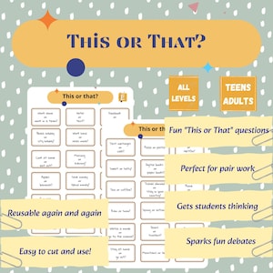 May include: A teal and yellow "This or That?" game with various question prompts. The game is designed for all levels and teens/adults. Text includes "Reusable again and again" and "Easy to cut and use!"