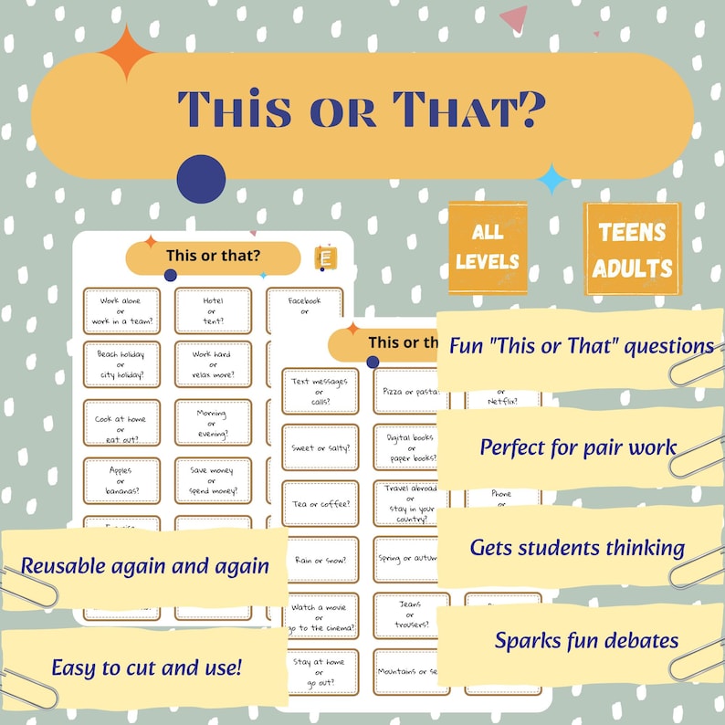 May include: A teal and yellow "This or That?" game with various question prompts. The game is designed for all levels and teens/adults. Text includes "Reusable again and again" and "Easy to cut and use!"