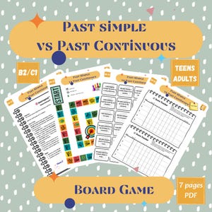 May include: A board game titled "Past Simple vs Past Continuous" for teens and adults. The game includes a spiral-bound instruction booklet, game board, and score trackers. The PDF game has 7 pages and is designed for B2/C1 level English learners.