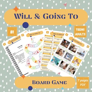 Puede incluir: Un juego de mesa "Will & Going To" para adolescentes y adultos, con un folleto encuadernado en espiral y varias hojas de juego. El juego presenta gráficos coloridos y preguntas. El texto "7 pages PDF" también es visible.