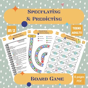 Peut inclure: Jeu de société "Speculating & Predicting" avec des cartes "Predictions & Speculations". Le jeu comprend un plateau circulaire, des cartes et des instructions. Destiné aux adolescents et aux adultes. Le jeu est un PDF de 6 pages.