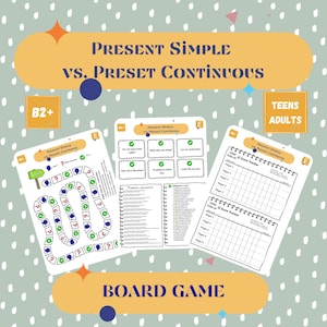 Peut inclure: Jeu de société éducatif intitulé "Present Simple vs. Preset Continuous" pour adolescents et adultes. Le jeu comprend un plateau de jeu, des cartes de questions et un tableau de score. Le fond est vert clair avec des pois blancs.
