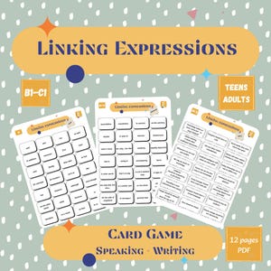 Può includere: Set di flashcard con espressioni di collegamento per adolescenti e adulti. Le carte bianche presentano espressioni di collegamento in testo nero. Lo sfondo è verde chiaro con pois bianchi. Il titolo "LINKING EXPRESSIONS" è in alto.