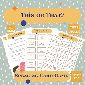 Op de afbeelding: Een afdrukbaar PDF-kaartspel met de titel "This or That?" voor tieners en volwassenen. Het spel bevat instructies en vragen om gesprekken op gang te brengen, zoals "Alleen werken of in een team werken?" en "Pizza of pasta?"