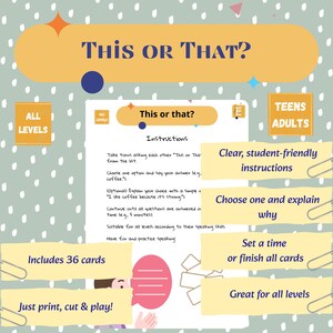 May include: A teal and yellow graphic with the text "This or That?" and instructions for a card game. The game includes 36 cards and is suitable for all levels. The game is designed for teens and adults.