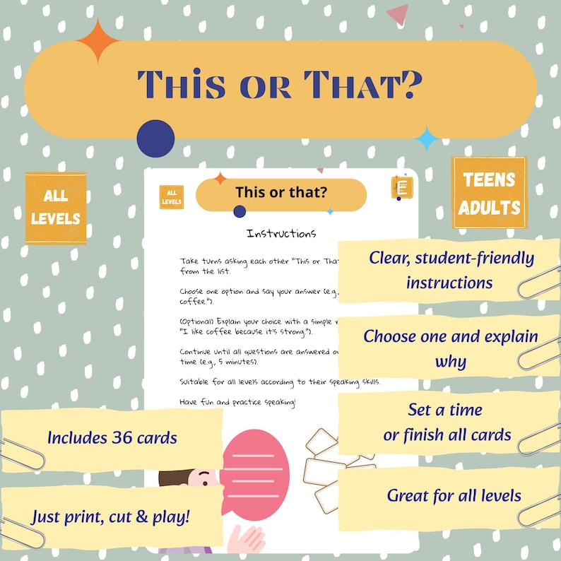 May include: A teal and yellow graphic with the text "This or That?" and instructions for a card game. The game includes 36 cards and is suitable for all levels. The game is designed for teens and adults.