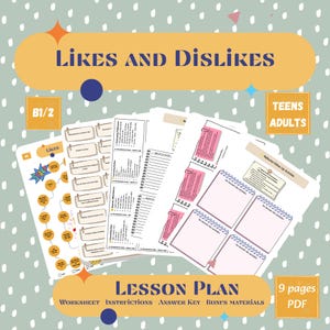 Könnte beinhalten: Ein neunseitiger PDF-Unterrichtsplan mit dem Titel Likes and Dislikes für Jugendliche und Erwachsene. Das Dokument enthält Arbeitsblätter, Anleitungen, einen Lösungsschlüssel und Bonusmaterialien mit einem Spielbrett und Reflexionsaufgaben.