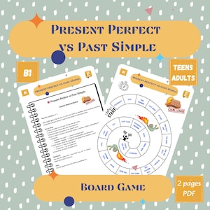 Könnte beinhalten: Ein Brettspiel mit dem Titel "Present Perfect vs Past Simple" für Jugendliche und Erwachsene. Das Spiel umfasst zwei Seiten, eine mit Anweisungen und die andere mit einem spiralförmigen Spielbrett. Das Spielbrett hat eine Start- und Ziellinie mit Feldern für die Spieler.