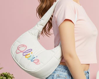 Custom Name Crescent Bag | Personalized Quilted Hobo Purse | Yarn Letter Shoulder Bag | Spring Fashion Gift for Teen Girls