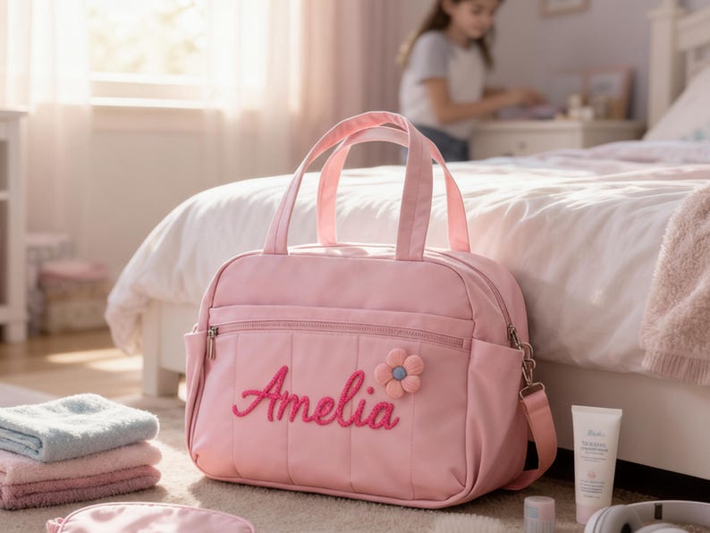 Puede incluir: Una bolsa de deporte rosa con el nombre "Amelia" bordado en rosa, acentuada con una flor. La bolsa tiene una asa superior y una correa para el hombro. La bolsa est&aacute; sobre una alfombra cerca de una cama.