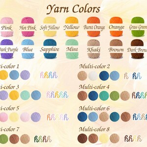 Puede incluir: Una carta de colores que muestra varios colores de hilo, incluyendo blanco, rosa, amarillo, verde y negro. La carta tambi&eacute;n muestra opciones multicolores y el texto "Yarn Colors".