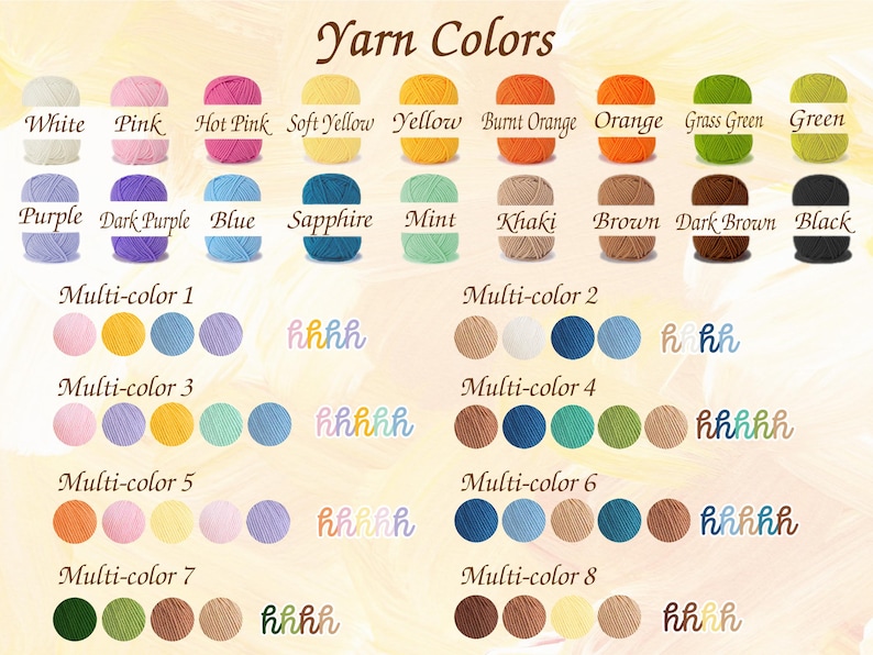 Puede incluir: Una carta de colores que muestra varios colores de hilo, incluyendo blanco, rosa, amarillo, verde y negro. La carta tambi&eacute;n muestra opciones multicolores y el texto "Yarn Colors".