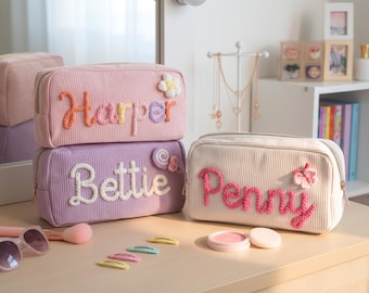 Personalized Gift for Her : Custom Corduroy Makeup Bag , Toiletry Organizer with Name